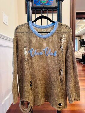 CHUU Club Oversized Ripped Knit Sweater Blue Beige